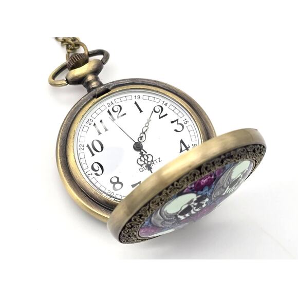 Skull & Roses Pocket Watch - Gothic Purple Floral Skeleton Charm Halloween Gift - Picture 7 of 10